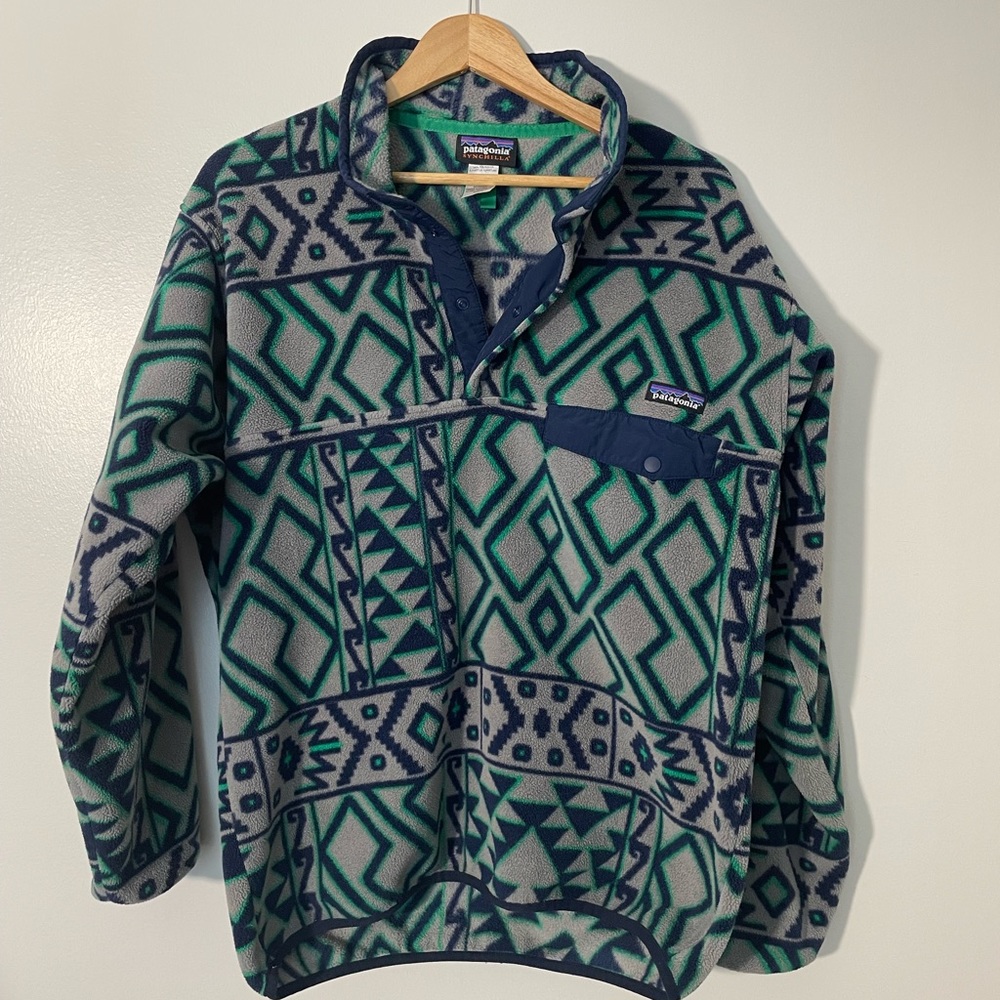 Patagonia Synchilla Snap T Fleece Aztec Sz M Grey Blue Green